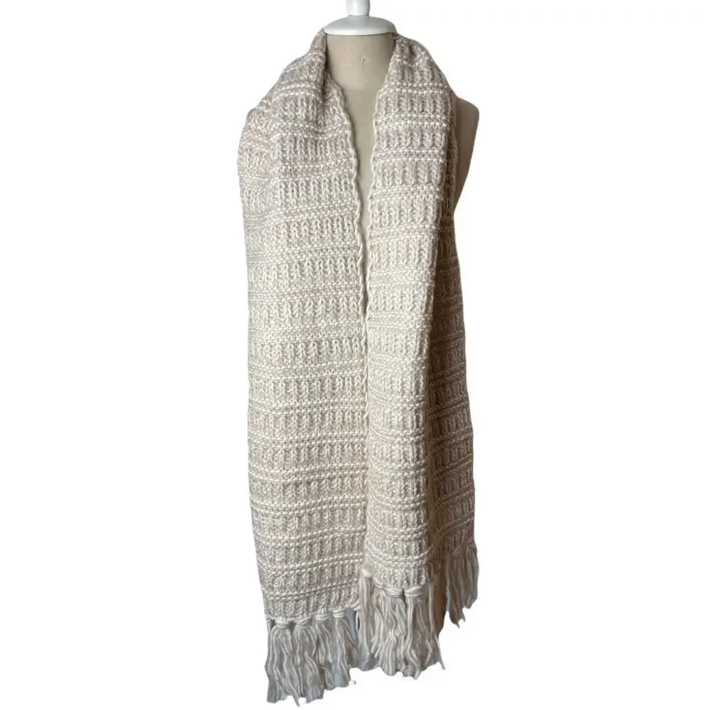 Long Ivory Heavy Knit Scarf With Fringe